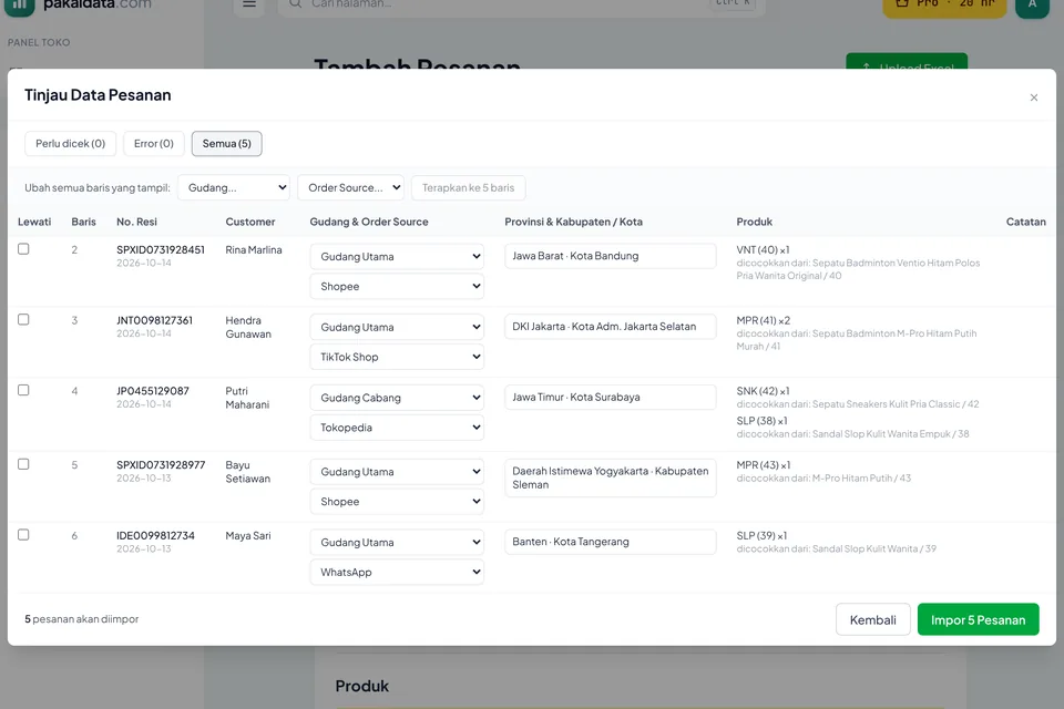 Tampilan peninjauan data pesanan hasil upload dari marketplace